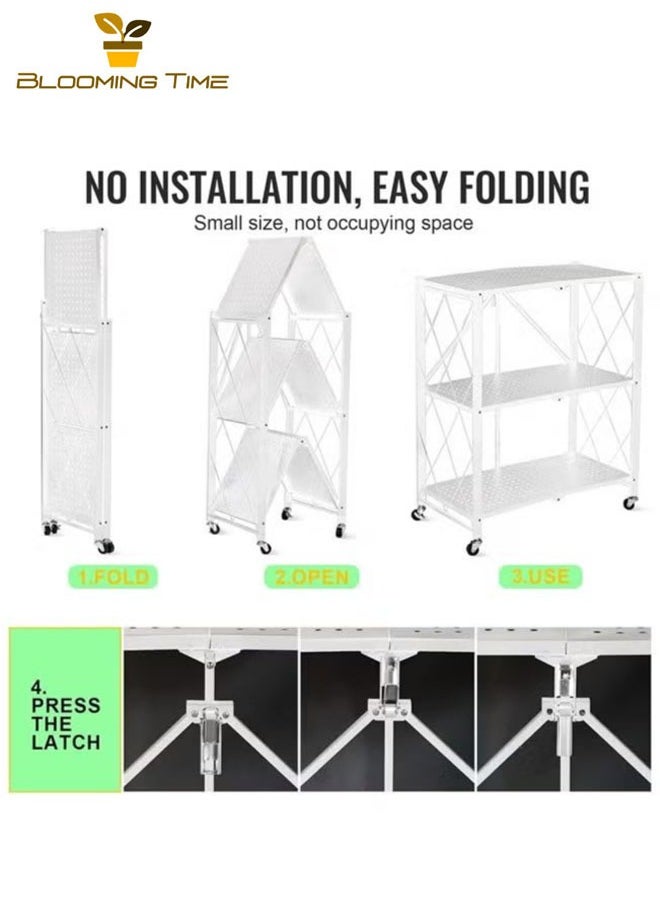 BLOOMING TIME - 3-Layer Foldable Storage Rack, White With Universal Wheels, Space-Saving, Multifunctional Kitchen Bathroom Bedroom Storage Rack, Household Lightweight Mobile Storage Rack, White - Image 1
