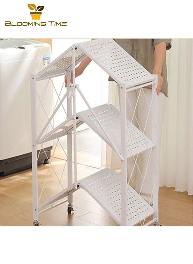 BLOOMING TIME - 3-Layer Foldable Storage Rack, White With Universal Wheels, Space-Saving, Multifunctional Kitchen Bathroom Bedroom Storage Rack, Household Lightweight Mobile Storage Rack, White - Image 1