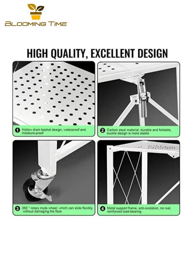 BLOOMING TIME - 3-Layer Foldable Storage Rack, White With Universal Wheels, Space-Saving, Multifunctional Kitchen Bathroom Bedroom Storage Rack, Household Lightweight Mobile Storage Rack, White - Image 1