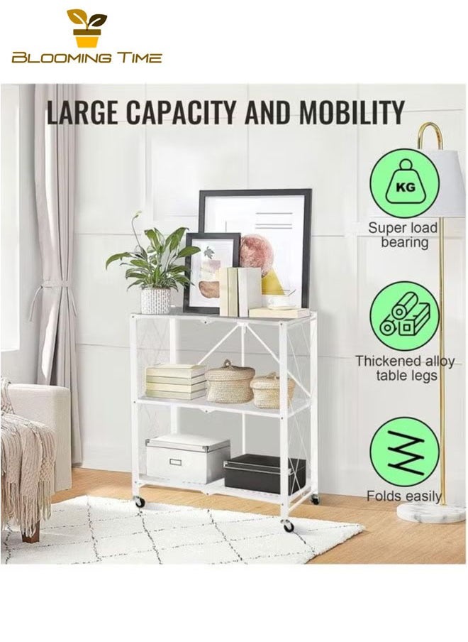 BLOOMING TIME - 3-Layer Foldable Storage Rack, White With Universal Wheels, Space-Saving, Multifunctional Kitchen Bathroom Bedroom Storage Rack, Household Lightweight Mobile Storage Rack, White - Image 1