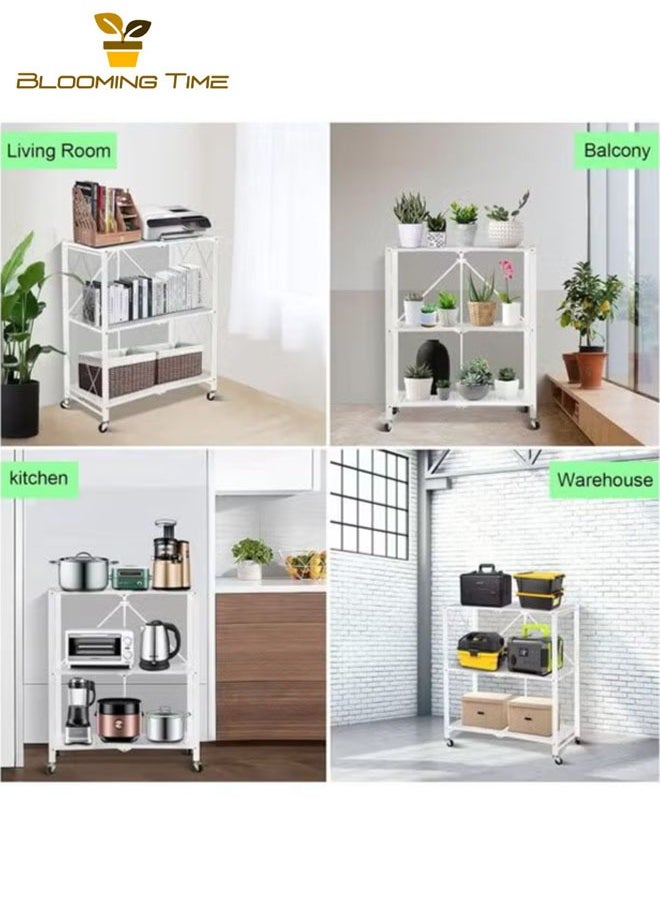 BLOOMING TIME - 3-Layer Foldable Storage Rack, White With Universal Wheels, Space-Saving, Multifunctional Kitchen Bathroom Bedroom Storage Rack, Household Lightweight Mobile Storage Rack, White - Image 1