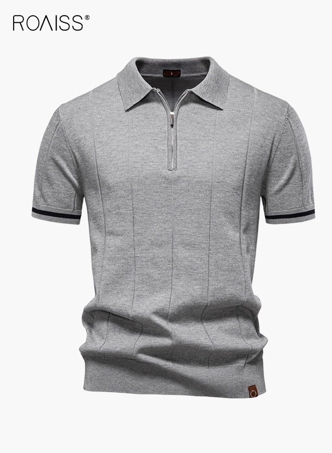 رويس قميص بولو رجالي رمادي فاتح من مزيج الصوف، بأكمام قصيرة، وياقة مطوية، وسحاب، ونسيج مطاطي قابل للتنفس، وملمس ممتاز، مناسب لجميع المواسم. - Image 1
