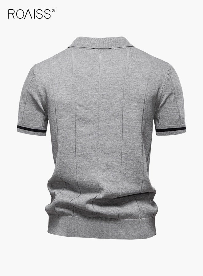 رويس قميص بولو رجالي رمادي فاتح من مزيج الصوف، بأكمام قصيرة، وياقة مطوية، وسحاب، ونسيج مطاطي قابل للتنفس، وملمس ممتاز، مناسب لجميع المواسم. - Image 2
