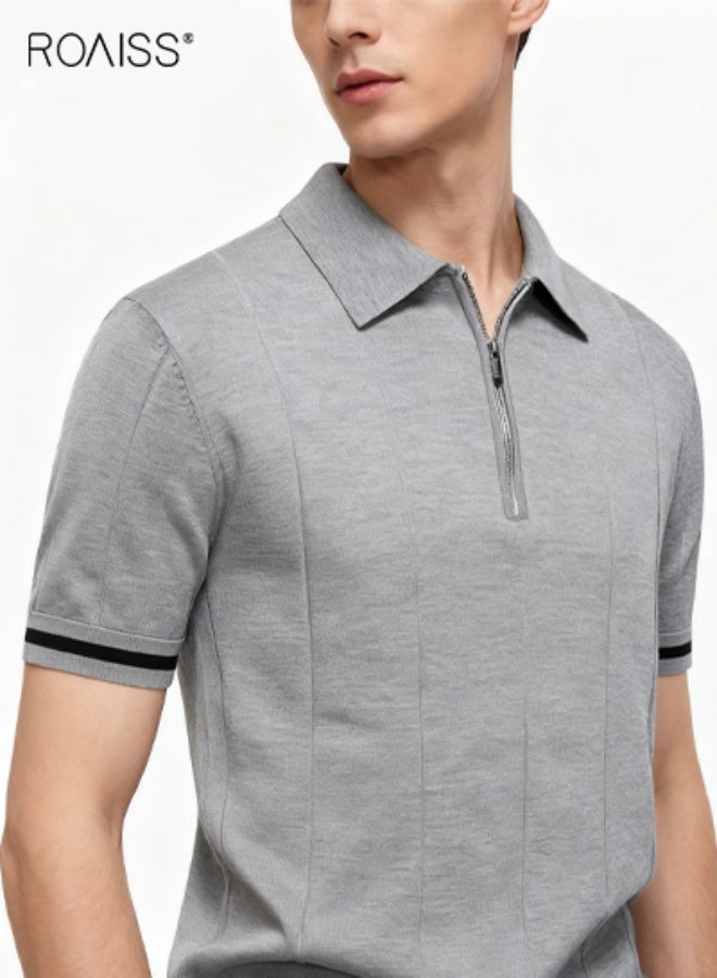 رويس قميص بولو رجالي رمادي فاتح من مزيج الصوف، بأكمام قصيرة، وياقة مطوية، وسحاب، ونسيج مطاطي قابل للتنفس، وملمس ممتاز، مناسب لجميع المواسم. - Image 5