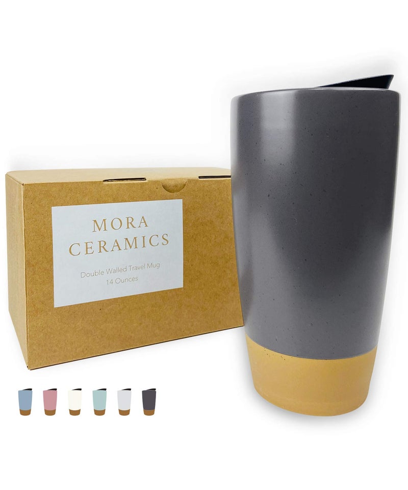 MORA CERAMICS HIT PAUSE Mora Double Wall Ceramic Coffee Travel Mug with Lid, 14 oz, Portable, Microwave, Dishwasher Safe, Insulated Reusable Tall Cup, Splash Resistant Lid - To Go Tumbler for Car Cup Holder, Nightwaves - Image 1
