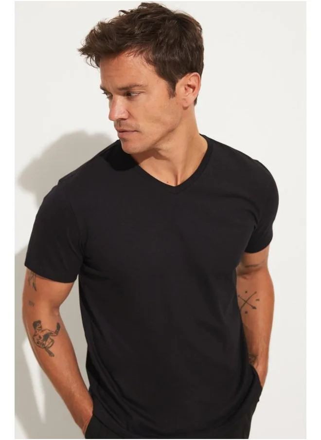 جون June Men Regular Fit Basic Short Sleeve V-Neck Tshirt Black