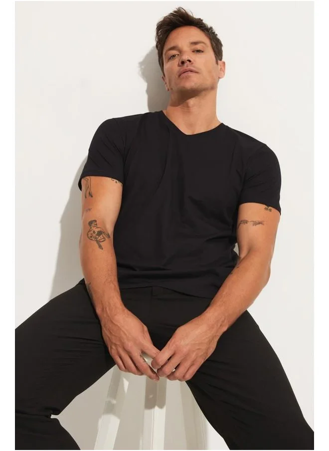 جون June Men Regular Fit Basic Short Sleeve V-Neck Tshirt Black