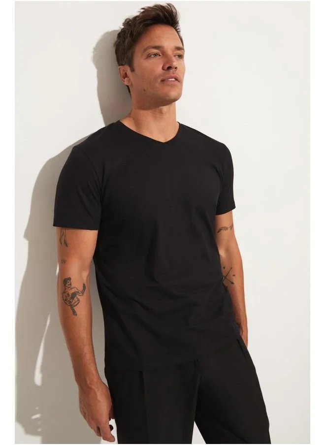 جون June Men Regular Fit Basic Short Sleeve V-Neck Tshirt Black