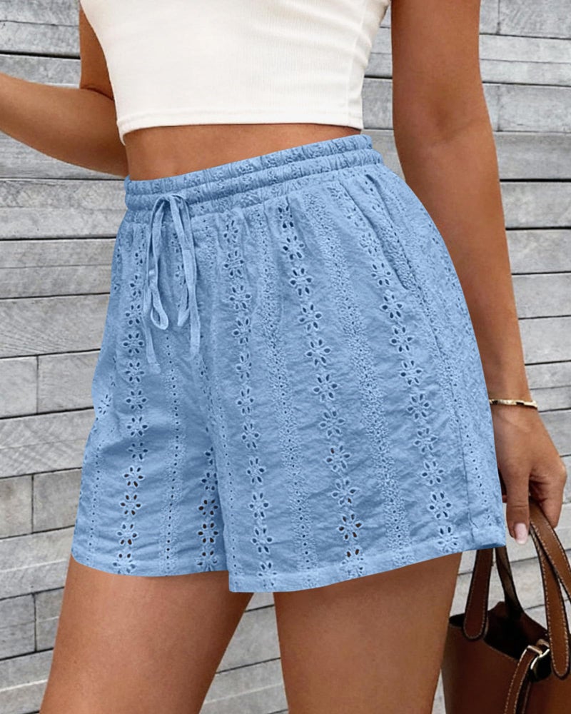 KIRUNDO Shorts for Women Summer Casual Lace Elastic Waist Drawstring Cute Eyelet Boho Lounge Shorts Beach Vacation Outfits(Light Blue, Small) - Image 4