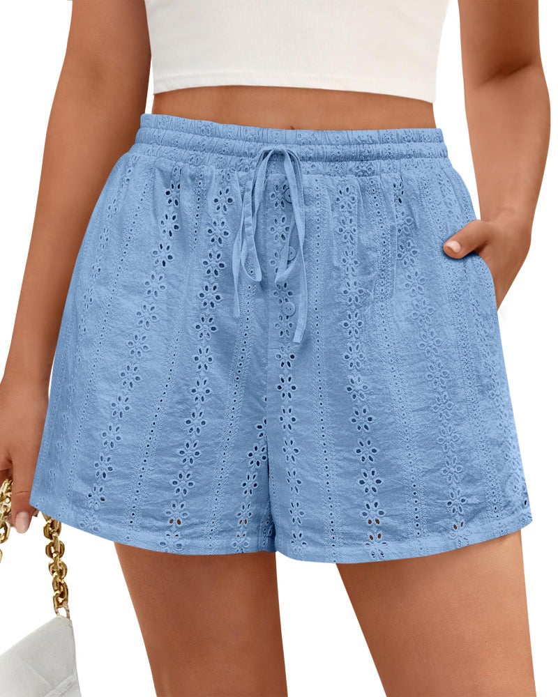 KIRUNDO Shorts for Women Summer Casual Lace Elastic Waist Drawstring Cute Eyelet Boho Lounge Shorts Beach Vacation Outfits(Light Blue, Small) - Image 1