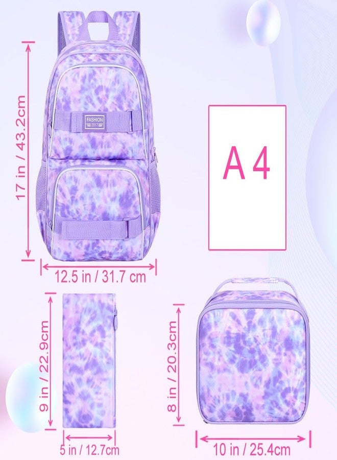 KLFVB Girls Backpack with Lunch Box, 17 Inch Cute Aesthetic School Backpacks, Anti Theft Water Resistant College Bookbag for Women Teens Primary Students - Purple, Purple Tie-dye School Backpack, One - Image 4