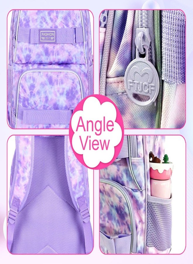 KLFVB Girls Backpack with Lunch Box, 17 Inch Cute Aesthetic School Backpacks, Anti Theft Water Resistant College Bookbag for Women Teens Primary Students - Purple, Purple Tie-dye School Backpack, One - Image 5
