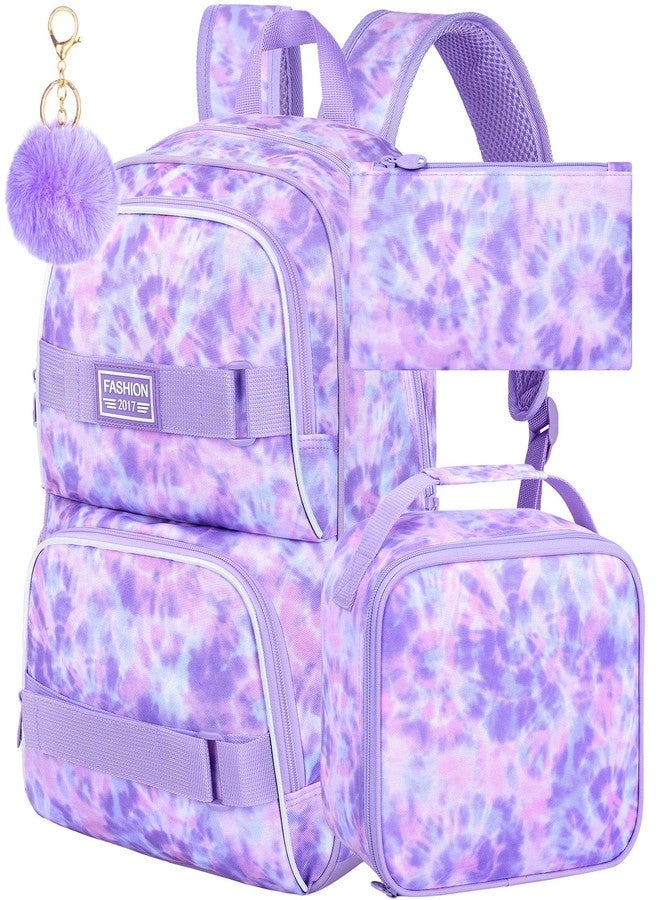 KLFVB Girls Backpack with Lunch Box, 17 Inch Cute Aesthetic School Backpacks, Anti Theft Water Resistant College Bookbag for Women Teens Primary Students - Purple, Purple Tie-dye School Backpack, One - Image 1