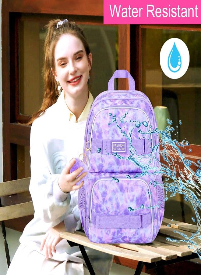 KLFVB Girls Backpack with Lunch Box, 17 Inch Cute Aesthetic School Backpacks, Anti Theft Water Resistant College Bookbag for Women Teens Primary Students - Purple, Purple Tie-dye School Backpack, One - Image 3