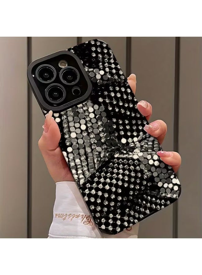 تيمو جراب ايقون بتصميم بنمط قريب مع لمعان فضي على خلفية سوداء. مصنوع من مواد مقاومة للصدمات والخدوش متوافق مع ايفون 15 بروماكس - Image 2