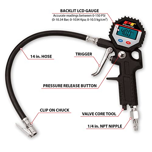 Performance Tool M525 Digital Tire Pressure Gauge, Straight Lock-On Air Chuck, LCD Backlit Screen, Digital Tire Inflator with hose - Image 3