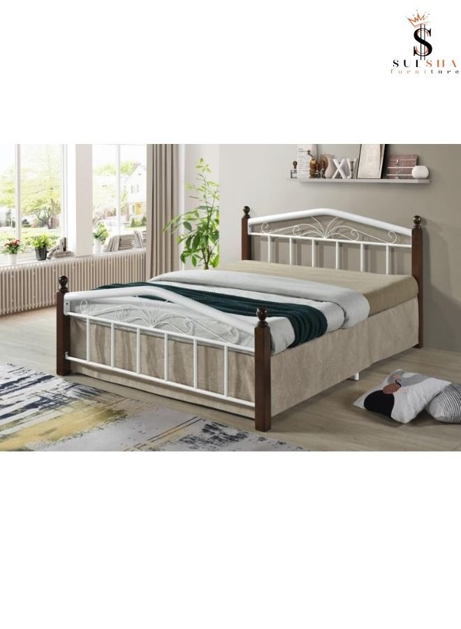 SULSHA Wooden Steel Queen Size Bed Cherry Brown Legs 150 x 190 cm  - Image 1