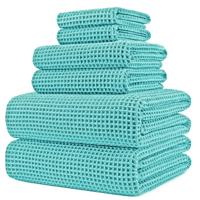 POLYTE Oversize, 60 x 30 in., Quick Dry Lint Free Microfiber Bath Towel Set, 6 Piece (Agua, Waffle Weave) - Image 1