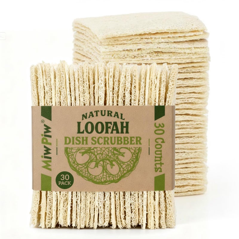 Miw Piw Natural Loofah Dish Sponge (Pack 30) Multipurpose Dish Sponges - 100% Biodegradable Compostable Dishwashing Scouring Pad Zero Waste (2.75" x 2.75" Each) - Image 1