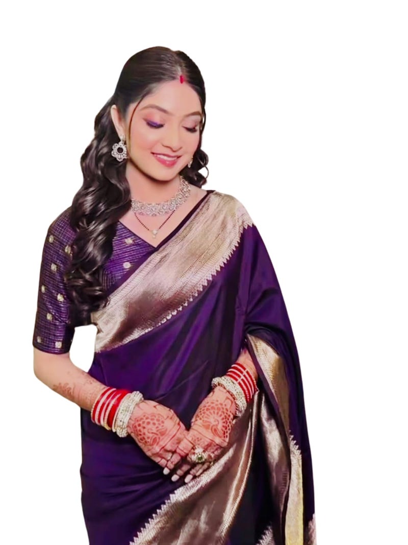 AMIRAT Women's Banarasi silk plain saree With Golden Zari Woven Border With Blouse Piece (Purple) - Image 1