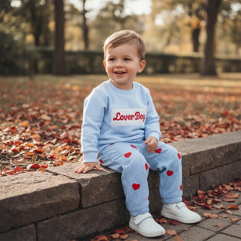 JLKGICF Toddler Boy Valentines Outfit Letters Embroidery Pullover Plaid Pants Lover Boy Baby Outfit Baby Spring Clothes (Blue Love boy, 3-4T) - Image 2