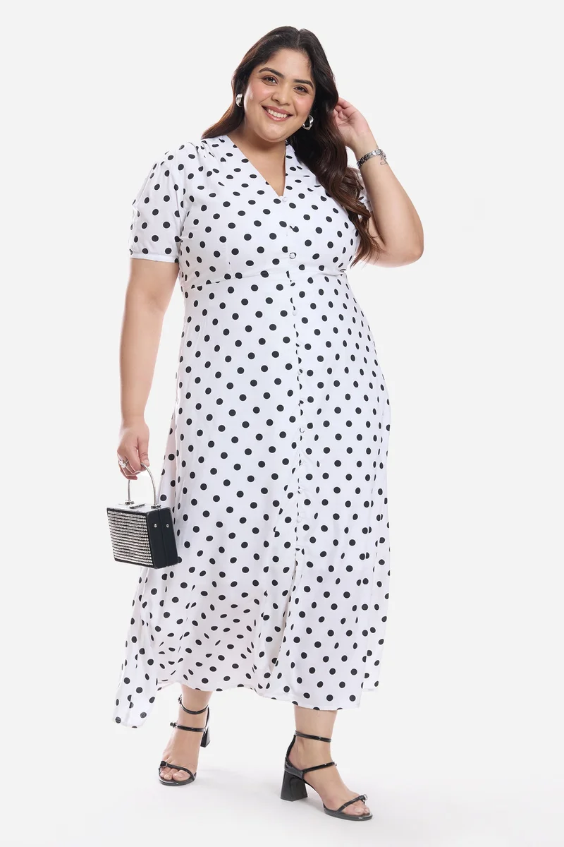 Virgio Polka Dots Viscose V Neck Midi Shirt Plus Size Dress for Women