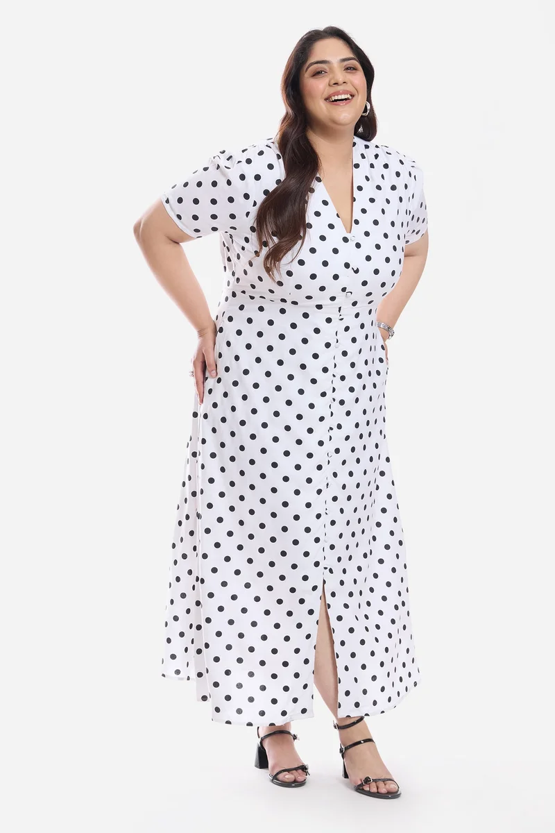 Virgio Polka Dots Viscose V Neck Midi Shirt Plus Size Dress for Women