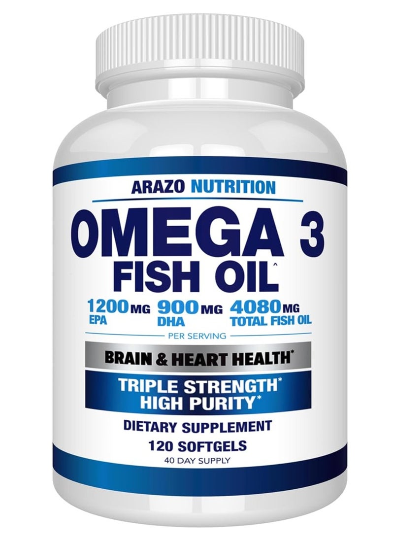 Arazo Nutrition Omega 3 Fish Oil 4,080mg High EPA 1200mg DHA Lemon Flavor 120 Soft Gels 