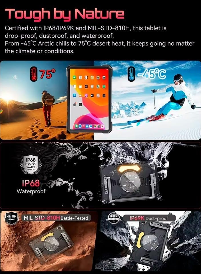 Cubot Tab KingKong S Rugged Tablet 10.1-Inch HD+ 90Hz Display Android 15 6GB RAM 256GB Storage Dual SIM 48MP Rear Camera 16MP Front Camera 33W Fast Charging IP68/IP69K MIL-STD-810H Black - Image 5