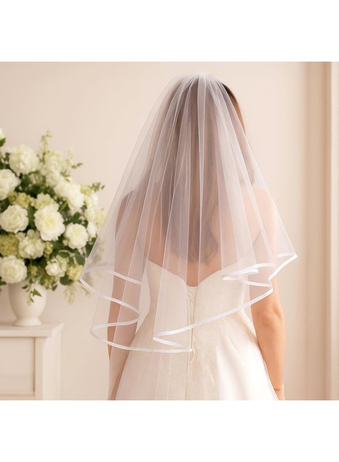 Heclia Short Wedding Veil Elegant White Satin Edge Classic Bridal Veil for Bride Photography Cosplay Halloween Waist Length Tulle Veils for Ceremony Engagement Photo Shoot Costume Party Occasions - Image 5
