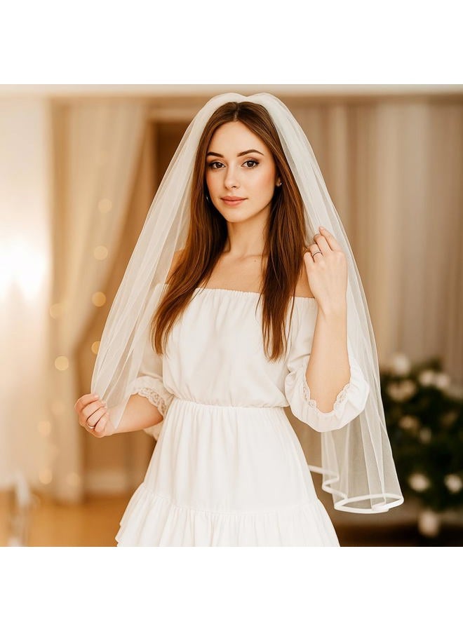 Heclia Short Wedding Veil Elegant White Satin Edge Classic Bridal Veil for Bride Photography Cosplay Halloween Waist Length Tulle Veils for Ceremony Engagement Photo Shoot Costume Party Occasions - Image 3
