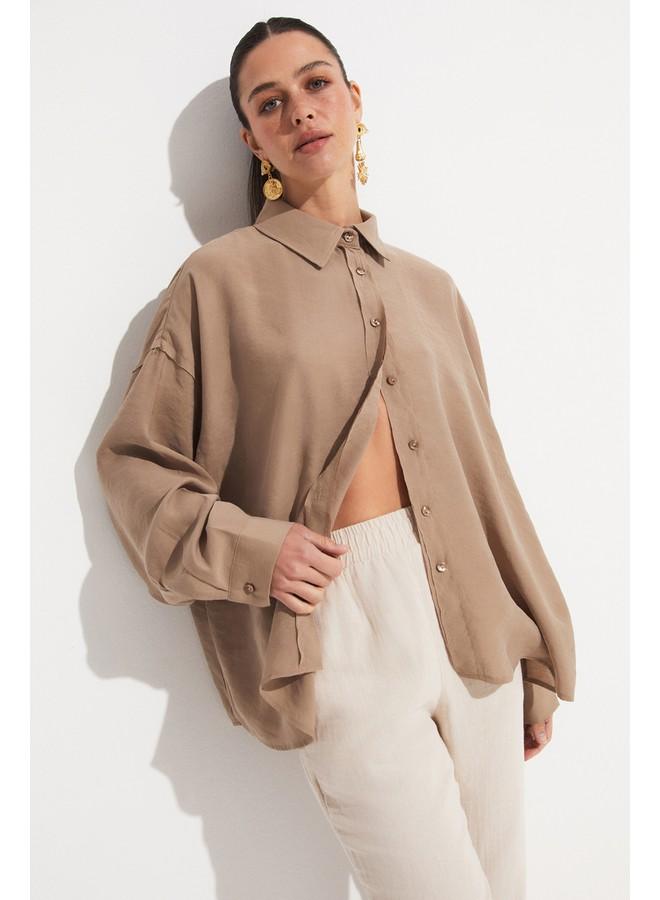 جون قميص جين يونيو بقصة فضفاضة بلون مينك - Image 1