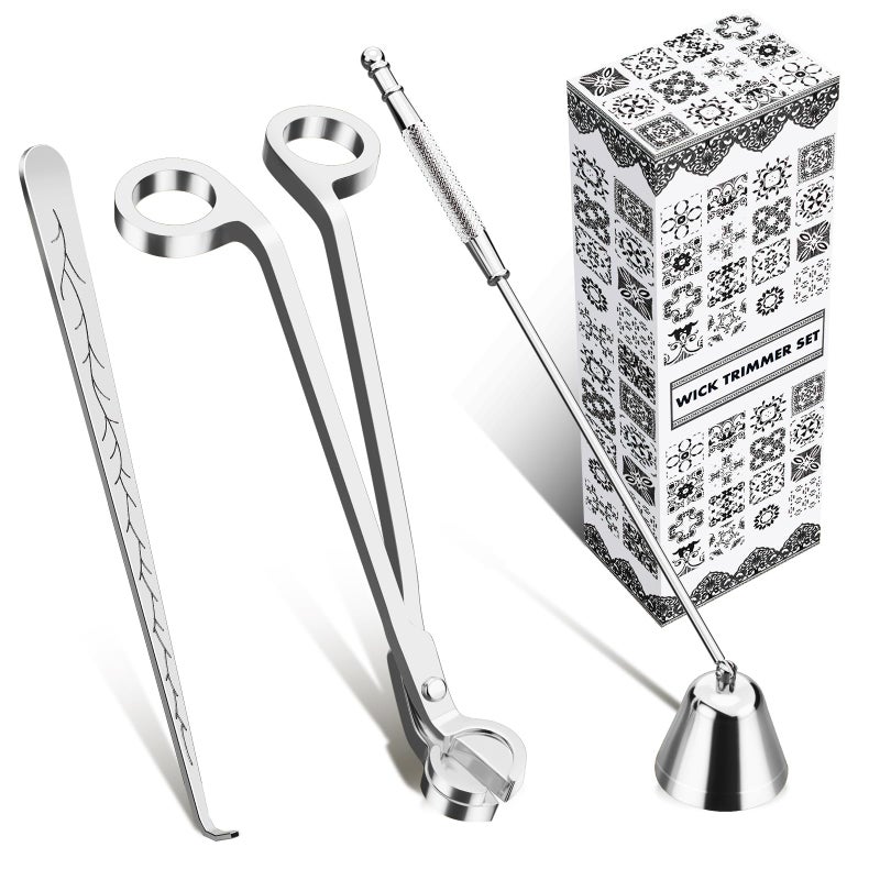 calary Candle Wick Trimmer Candle Snuffer and Wick Dipper  Candle Accessory Set 3 in 1 Candle Care Kit for Candle Lover Silvery