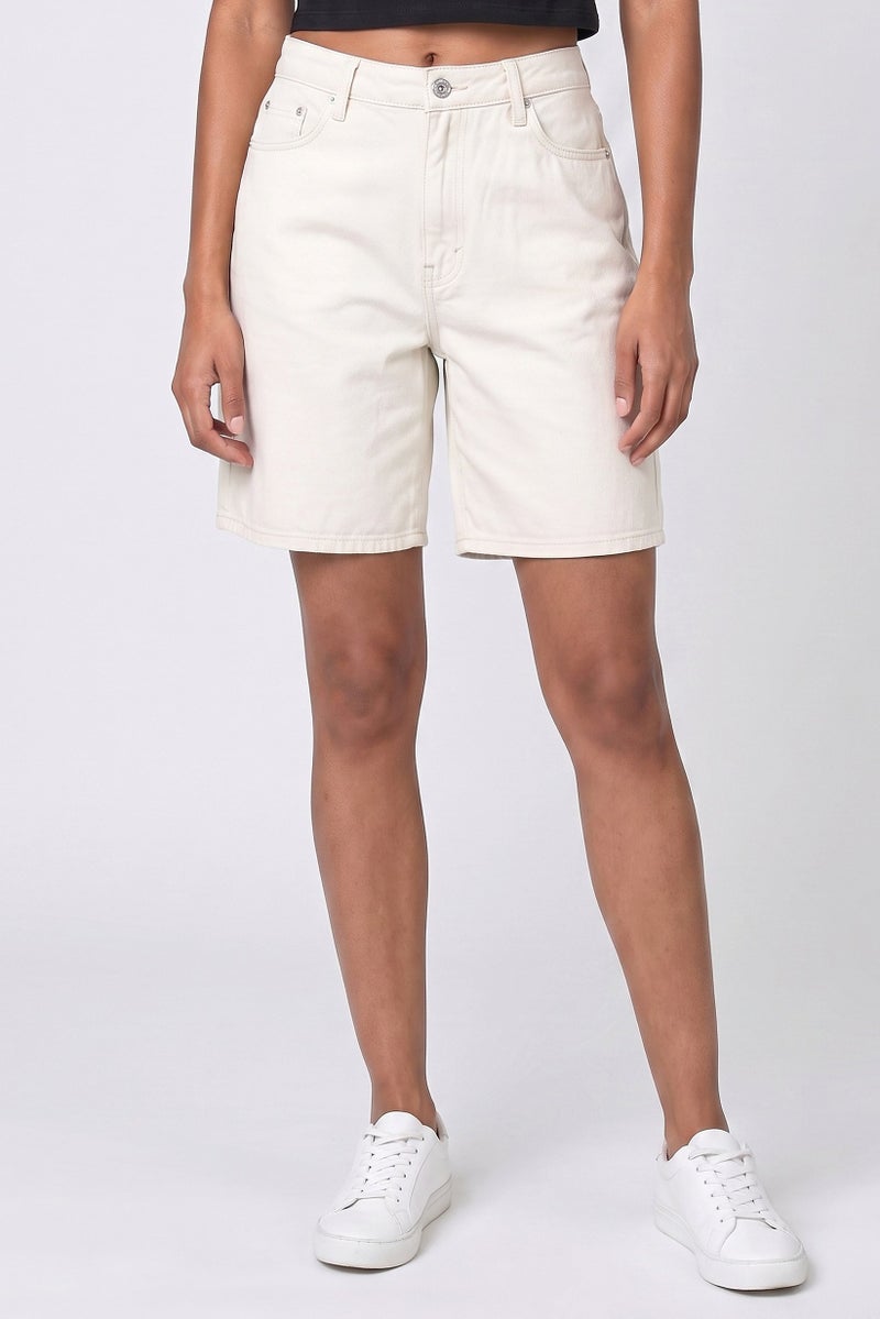 Threadbare Women Solid Denim Shorts, Beige - Image 1
