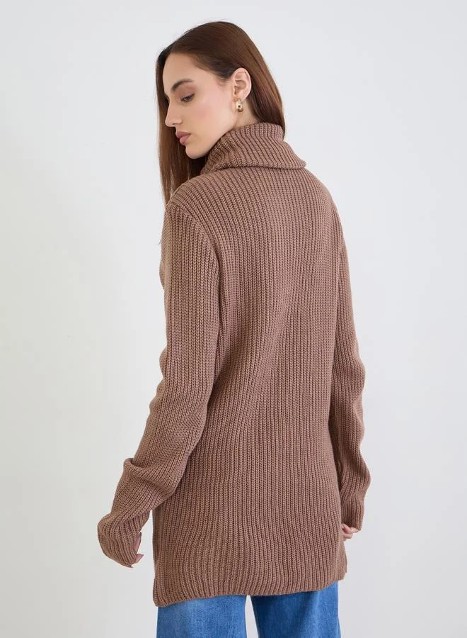 Styli Tan Knit Longline Sweater