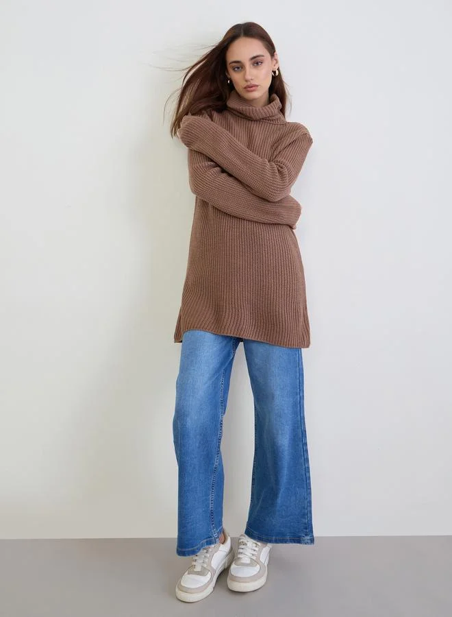 Styli Tan Knit Longline Sweater