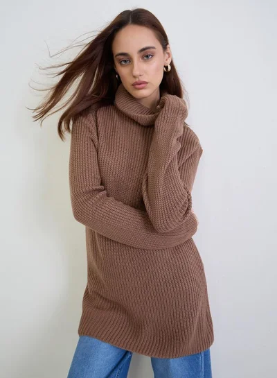 Styli Tan Knit Longline Sweater