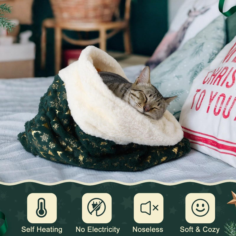 Clysee Self Heating Cat Sleeping Bag Self Warming Cat Bed Cave Forest Green Heated Pad Cozy Soft Winter Washable Wrap Pet Sleeping Pouch Snuggle Sack for Puppy Dog Kitten, 24 x 21 Inch - Image 4