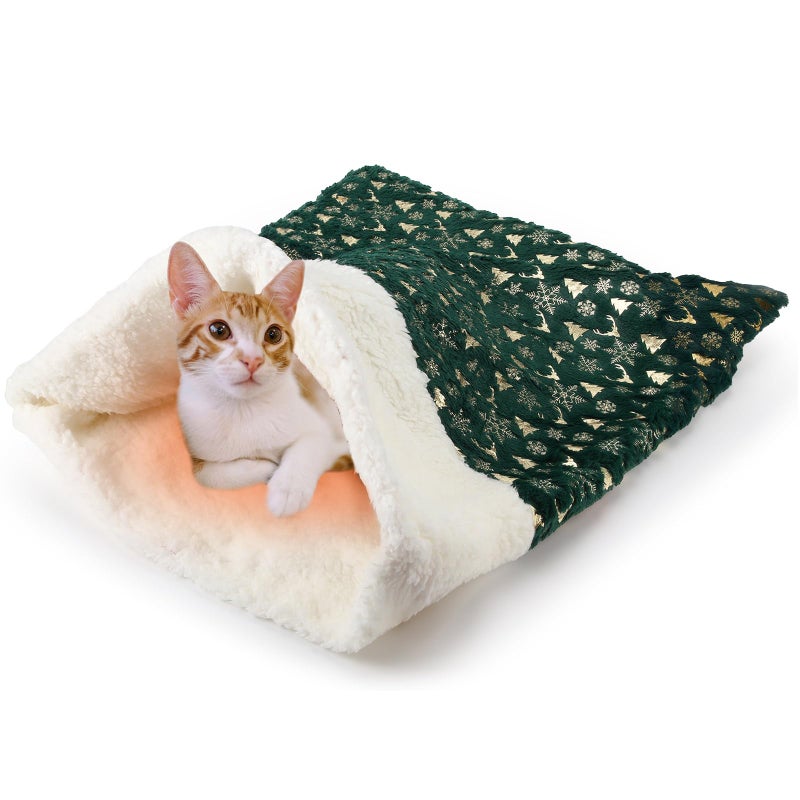 Clysee Self Heating Cat Sleeping Bag Self Warming Cat Bed Cave Forest Green Heated Pad Cozy Soft Winter Washable Wrap Pet Sleeping Pouch Snuggle Sack for Puppy Dog Kitten, 24 x 21 Inch - Image 1