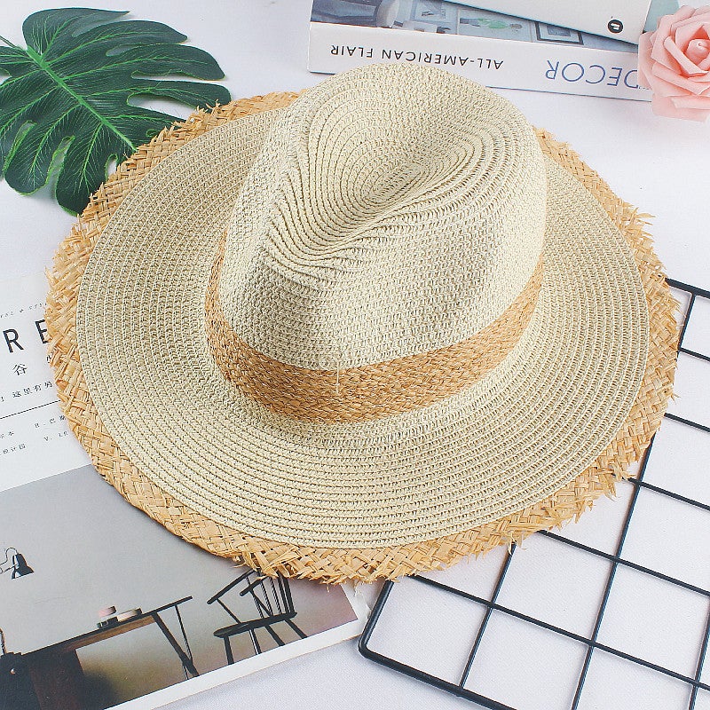 Patchwork Straw Hat Black Trim Sun Protection Woven Straw - Image 1
