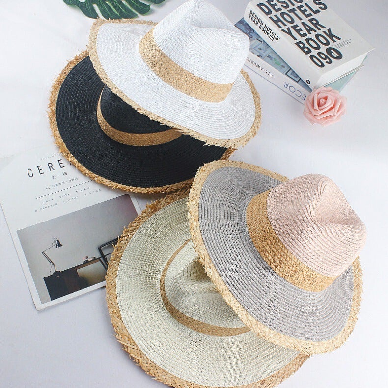 Patchwork Straw Hat Black Trim Sun Protection Woven Straw - Image 2