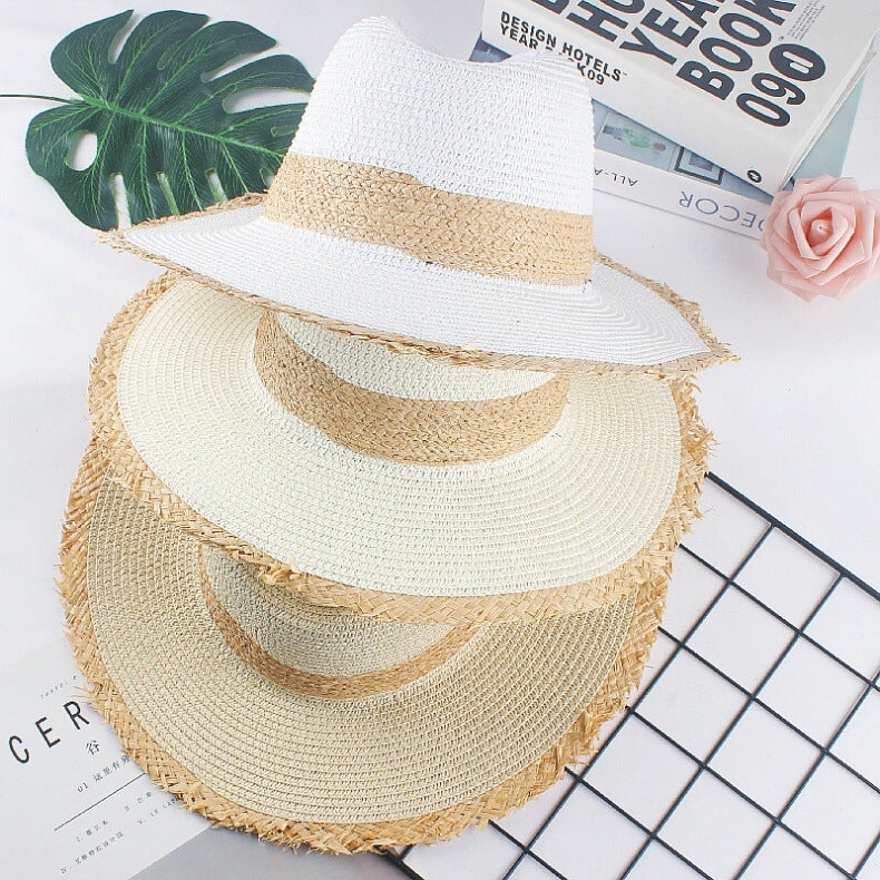 Patchwork Straw Hat Black Trim Sun Protection Woven Straw - Image 3