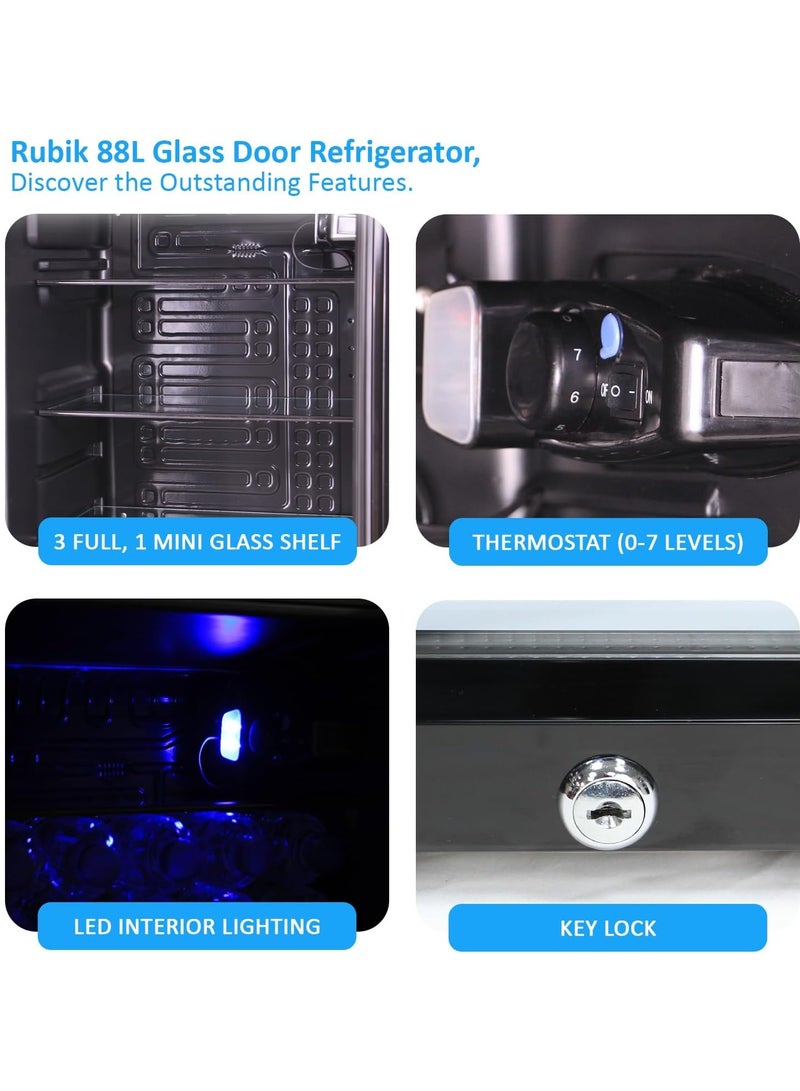 Rubik 88L Glass Door Refrigerator All Black Edition Four Countertop or Cabinets, Direct Cold with Frost, LED Light and Key Lock, (RB-88HC-JC), Black  - Image 5