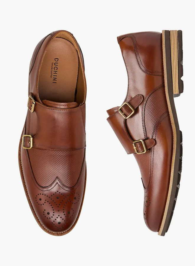 دوتشيني Men's Textured Slip-On Monk Strap Shoes with Buckle Accent