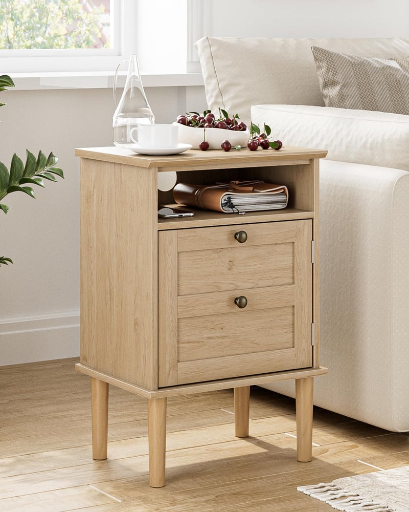 Apetaccat Nightstand, Boho Night Stand with 1 Drawer, Modern Side Accent Table with Open Shelf, Wooden Top Bedside End Table for Bedroom, Living Room, Natural - Image 5