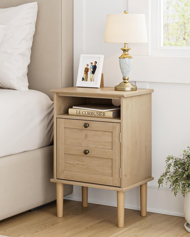 Apetaccat Nightstand, Boho Night Stand with 1 Drawer, Modern Side Accent Table with Open Shelf, Wooden Top Bedside End Table for Bedroom, Living Room, Natural - Image 1