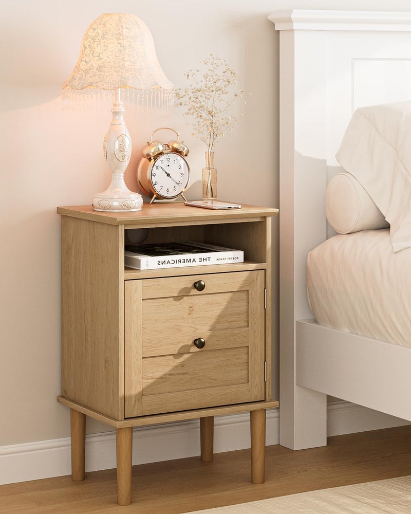Apetaccat Nightstand, Boho Night Stand with 1 Drawer, Modern Side Accent Table with Open Shelf, Wooden Top Bedside End Table for Bedroom, Living Room, Natural - Image 3