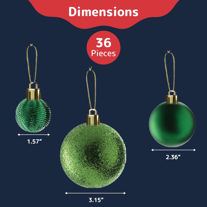 Prextex Prextex Green Christmas Ornaments - Set of 36 Shatterproof Christmas Ornaments in 6 Styles  3 Sizes for Xmas Tree Decorations  Holiday Parties  Home Decor  Durable Christmas Balls - Green  - Image 3