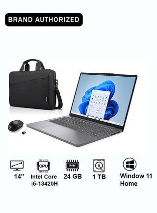 IdeaPad Slim 3i 14 Laptop | Intel Core i5-13420H | 	8GB Soldered DDR5-4800 + 16GB SODIMM DDR5-4800 RAM | 1TB PCIe SSD | 14-inch Display | Intel UHD Graphics | Windows 11 Home | Luna Grey | 83K000A7AX+acc, English /Arabic -Bundle with mouse and backpack Luna Grey
