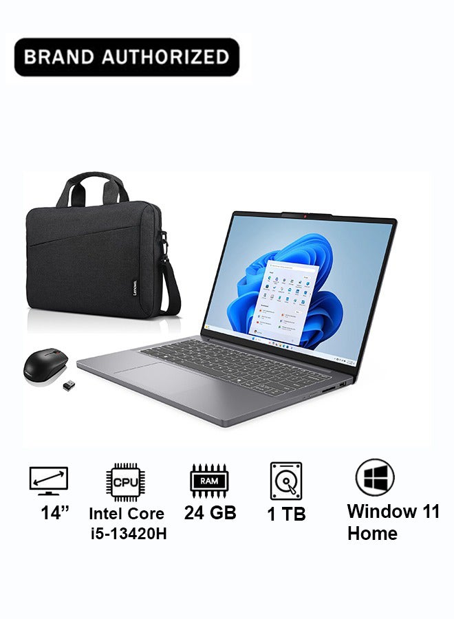 لينوفو IdeaPad Slim 3i 14 لابتوب | إنتل كور i5-13420H | 8GB ملحومة DDR5-4800 + 16GB SODIMM DDR5-4800 رام | 1TB PCIe SSD | شاشة 14 بوصة | إنتل UHD جرافيكس | ويندوز 11 هوم | لون لونا جراي | 83K000A7AX+acc, إنجليزي /عربي -حزمة مع فأرة وحقيبة ظهر - Image 1